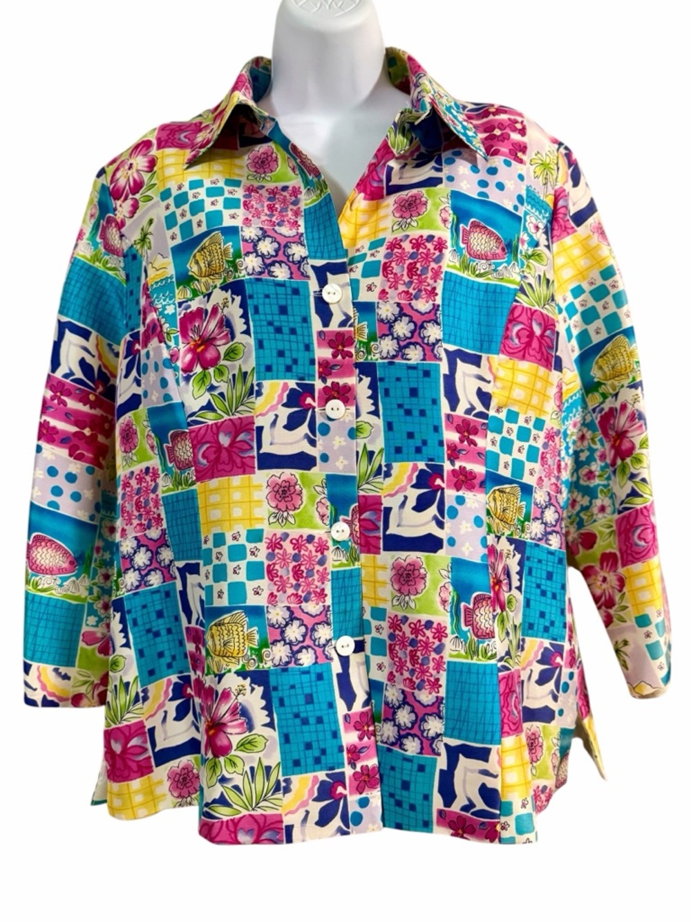 SILKLAND Multicolor Silk Jacket Blouse Size Large Patchwork Career Office Work V